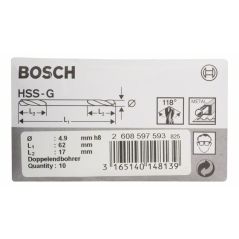 Bosch Doppelendbohrer HSS-G, 4,9 x 17 x 62 mm, 10er-Pack (2 608 597 593), image 