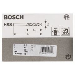 Bosch Karosseriebohrer HSS-R, DIN 1897, 5,2 x 26 x 62 mm, 10er-Pack (2 608 597 243), image 