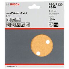 Bosch Schleifblatt C470, 150 mm, 60, 120, 240, 6 Löcher, Klett, 6er-Pack (2 608 605 102), image 