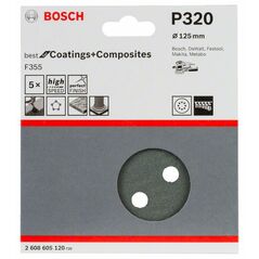 Bosch Schleifblatt F355, 125 mm, 320, 8 Löcher, Klett, 5er-Pack (2 608 605 120), image 