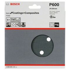 Bosch Schleifblatt F355, 150 mm, 600, 6 Löcher, Klett, 5er-Pack (2 608 605 131), image 