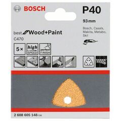 Bosch Schleifblatt C470 für Deltaschleifer, 93 mm, 40, 6 Löcher, Klett, 5er-Pack (2 608 605 148), image 