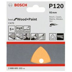 Bosch Schleifblatt C470 für Deltaschleifer, 93 mm, 120, 6 Löcher, Klett, 5er-Pack (2 608 605 152), image 