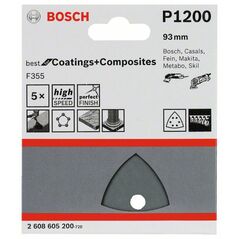 Bosch Schleifblatt F355, 93 mm, 1200, 6 Löcher, Klett, 5er-Pack (2 608 605 200), image 