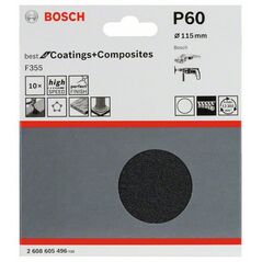 Bosch Schleifblatt Papier F355, 115 mm, 60, ungelocht, Klett, 10er-Pack (2 608 605 496), image 