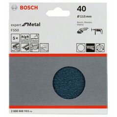 Bosch Schleifblatt F550, Expert for Metal, 115 mm, 40, ungelocht, Klett, 5er-Pack (2 608 608 Y03), image 