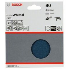 Bosch Schleifblatt F550, Expert for Metal, 125 mm, 80, ungelocht, Klett, 5er-Pack (2 608 608 Y15), image 