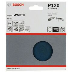 Bosch Schleifblatt F550, Expert for Metal, 115 mm, 120, ungelocht, Klett, 5er-Pack (2 608 608 Y08), image 