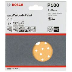Bosch Schleifblatt C470, 125 mm, 100, Multilochung, Klett, 5er-Pack (2 608 608 X74), image 