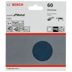 Bosch Schleifblatt F550, Expert for Metal, 115 mm, 60, ungelocht, Klett, 5er-Pack (2 608 608 Y05), image 