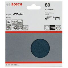Bosch Schleifblatt F550, Expert for Metal, 115 mm, 80, ungelocht, Klett, 5er-Pack (2 608 608 Y06), image 