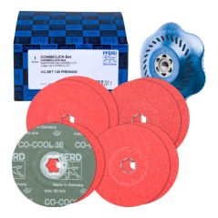PFERD COMBICLICK-Fiberscheiben-Set Keramikkorn Durchmesser 125mm CO-COOL 36, 60, 80, 120 mit CC-H-GT-Stützteller für Edelstahl, image 