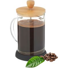 Kaffeebereiter, manuelle Stempelkanne, Siebeinsatz, 800 ml, Glas, Bambusdeckel, Teebereiter, transparent/natur - Relaxdays, image 