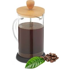 Kaffeebereiter, manuelle Stempelkanne, Siebeinsatz, 600 ml, Glas, Bambusdeckel, Teebereiter, transparent/natur - Relaxdays, image 
