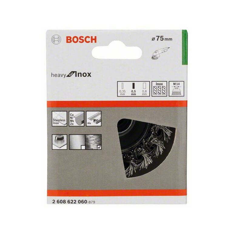 Bosch Topfbürste, Edelstahl, gezopfter Draht, 75 mm, 0,5 mm, 12500 U/ min, M 14 (2 608 622 060), image 