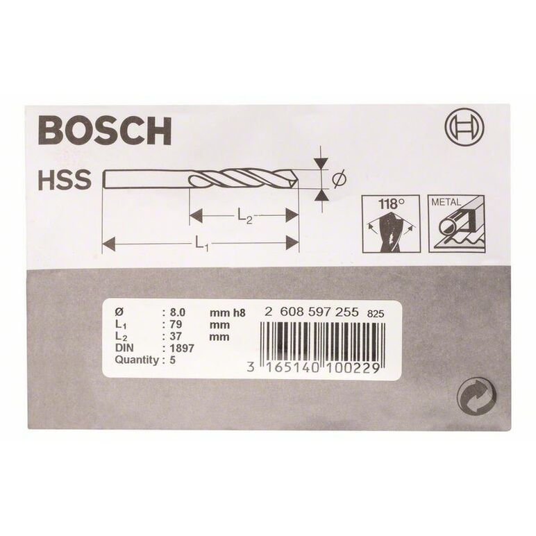 Bosch Karosseriebohrer HSS-R, DIN 1897, 8 x 37 x 79 mm, 5er-Pack (2 608 597 255), image _ab__is.image_number.default