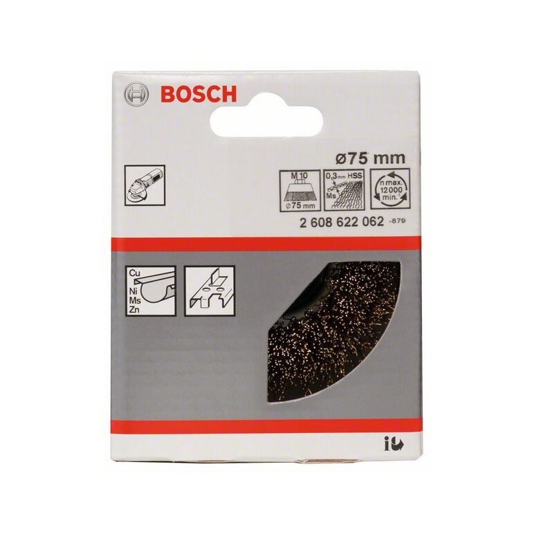 Bosch Topfbürste, Messing, gewellter Draht, 75 mm, 0,3 mm, 12000 U/ min, M 10 (2 608 622 062), image 