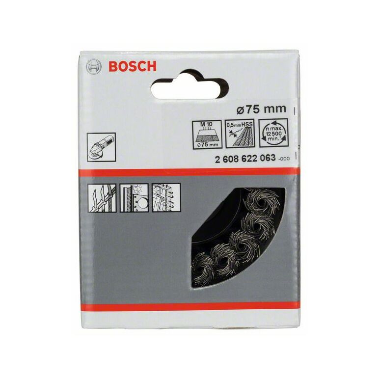 Bosch Topfbürste, Stahl, gezopfter Draht, 75 mm, 0,5 mm, 12500 U/ min, M 10 (2 608 622 063), image 
