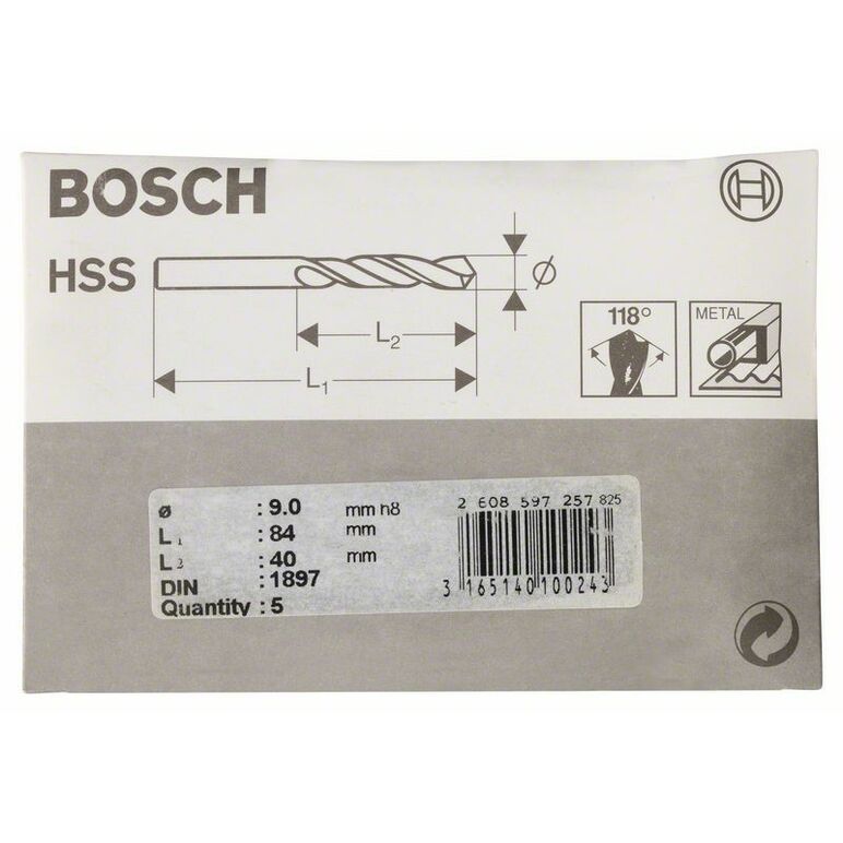Bosch Karosseriebohrer HSS-R, DIN 1897, 9 x 40 x 84 mm, 5er-Pack (2 608 597 257), image _ab__is.image_number.default