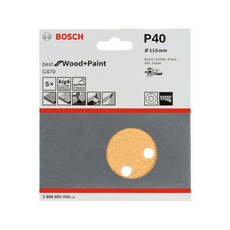 Bosch Schleifblatt C470 für Exzenterschleifer, 115 mm, 40, 8 Löcher, Klett, 5er-Pack (2 608 605 058), image 