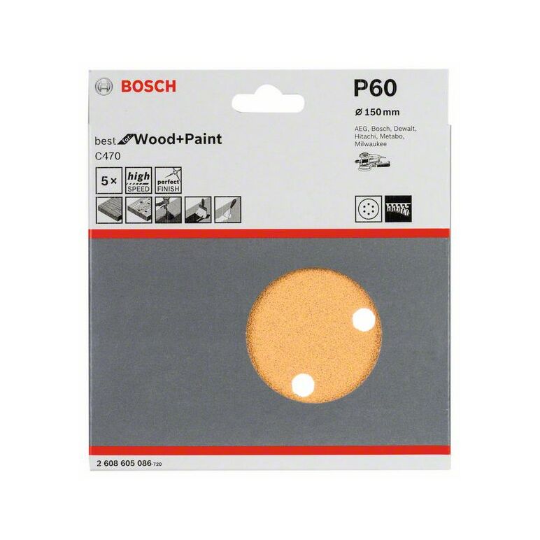 Bosch Schleifblatt C470 für Exzenterschleifer, 150 mm, 60, 6 Löcher, Klett, 5er-Pack (2 608 605 086), image 