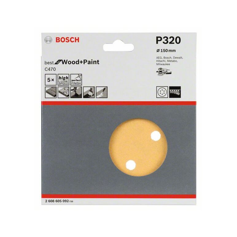 Bosch Schleifblatt C470 für Exzenterschleifer, 150 mm, 320, 6 Löcher, Klett, 5er-Pack (2 608 605 092), image _ab__is.image_number.default