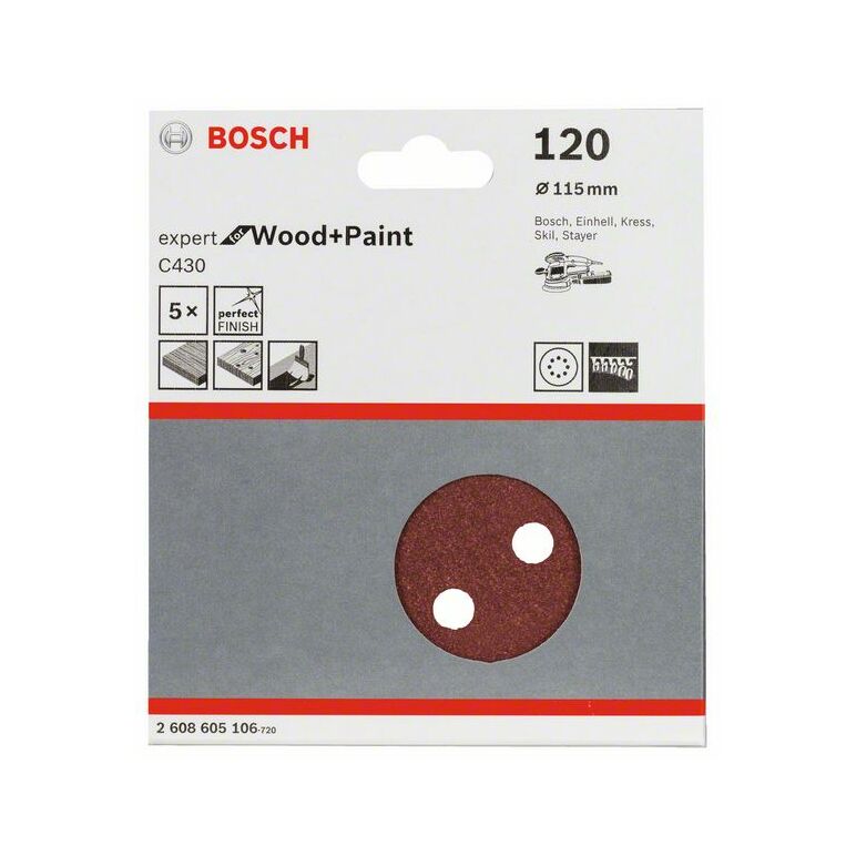 Bosch Schleifblatt C430, 115 mm, 120, 8 Löcher, Klett, 5er-Pack (2 608 605 106), image _ab__is.image_number.default