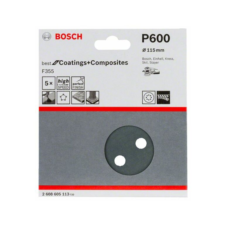 Bosch Schleifblatt F355, 115 mm, 600, 8 Löcher, Klett, 5er-Pack (2 608 605 113), image 