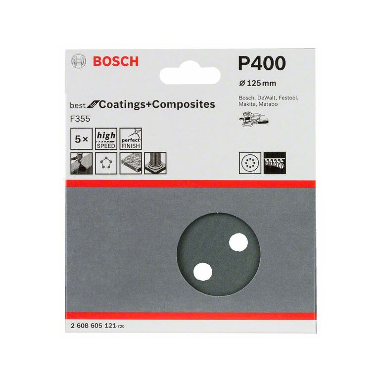 Bosch Schleifblatt F355, 125 mm, 400, 8 Löcher, Klett, 5er-Pack (2 608 605 121), image 