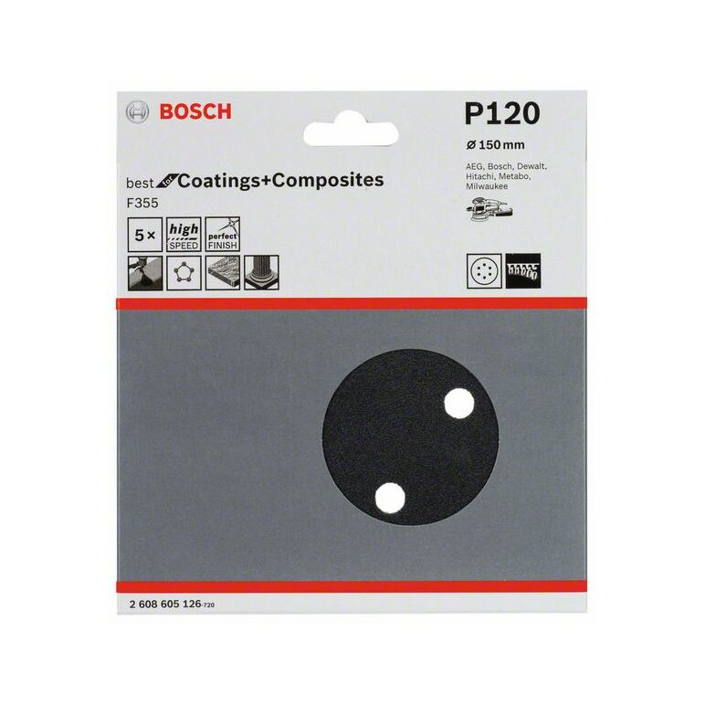 Bosch Schleifblatt F355, 150 mm, 120, 6 Löcher, Klett, 5er-Pack (2 608 605 126), image 