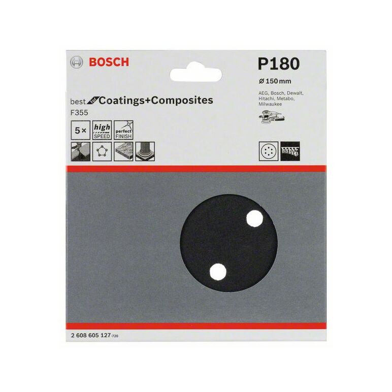 Bosch Schleifblatt F355, 150 mm, 180, 6 Löcher, Klett, 5er-Pack (2 608 605 127), image _ab__is.image_number.default