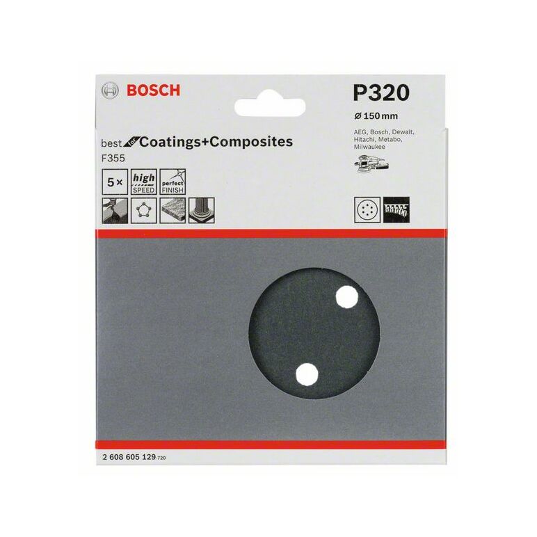 Bosch Schleifblatt F355, 150 mm, 320, 6 Löcher, Klett, 5er-Pack (2 608 605 129), image 