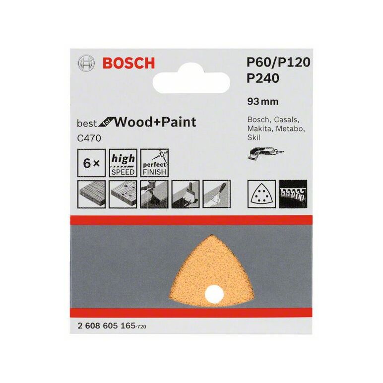 Bosch Schleifblatt C470, 93 mm, 60, 120, 240, 6 Löcher, Klett, 6er-Pack (2 608 605 165), image 