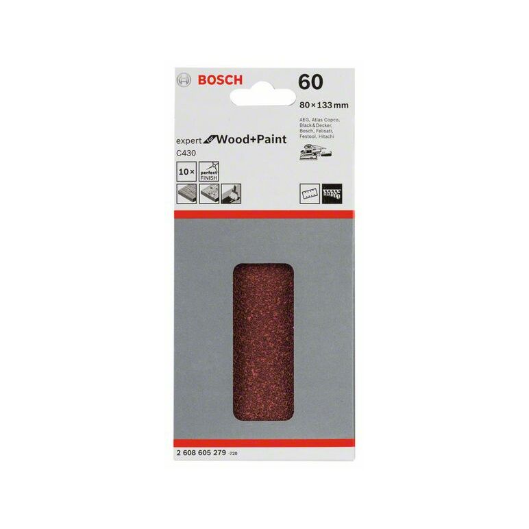 Bosch Schleifblatt C430, 80 x 133 mm, 60, 8 Löcher, Klett, 10er-Pack (2 608 605 279), image 