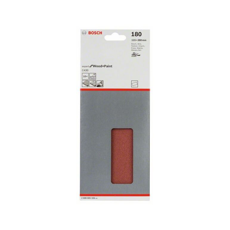 Bosch Schleifblatt C430, 115 x 280 mm, 180, ungelocht, gespannt, 10er-Pack (2 608 605 326), image 
