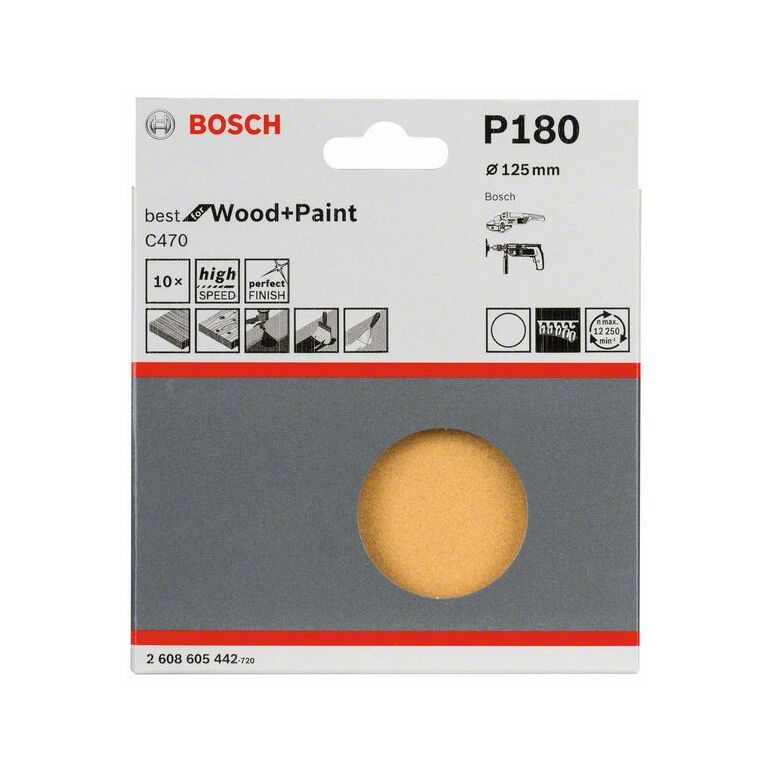 Bosch Schleifblatt-Set C470, 125 mm, 180, ungelocht, Klett, 10er-Pack (2 608 605 442), image 