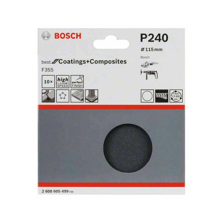 Bosch Schleifblatt Papier F355, 115 mm, 220, ungelocht, Klett, 10er-Pack (2 608 605 499), image 