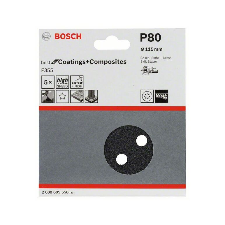 Bosch Schleifblatt F355, 115 mm, 80, 8 Löcher, Klett, 5er-Pack (2 608 605 558), image 