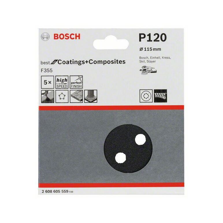Bosch Schleifblatt F355, 115 mm, 120, 8 Löcher, Klett, 5er-Pack (2 608 605 559), image 