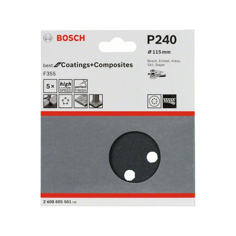 Bosch Schleifblatt F355, 115 mm, 240, 8 Löcher, Klett, 5er-Pack (2 608 605 561), image _ab__is.image_number.default