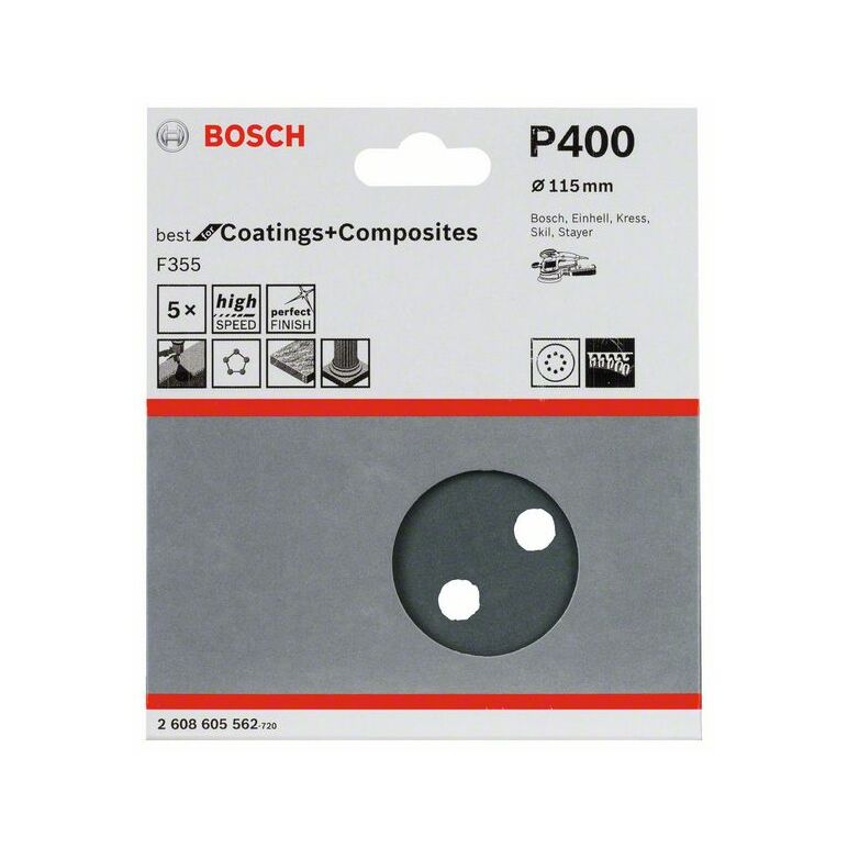Bosch Schleifblatt F355, 115 mm, 400, 8 Löcher, Klett, 5er-Pack (2 608 605 562), image _ab__is.image_number.default