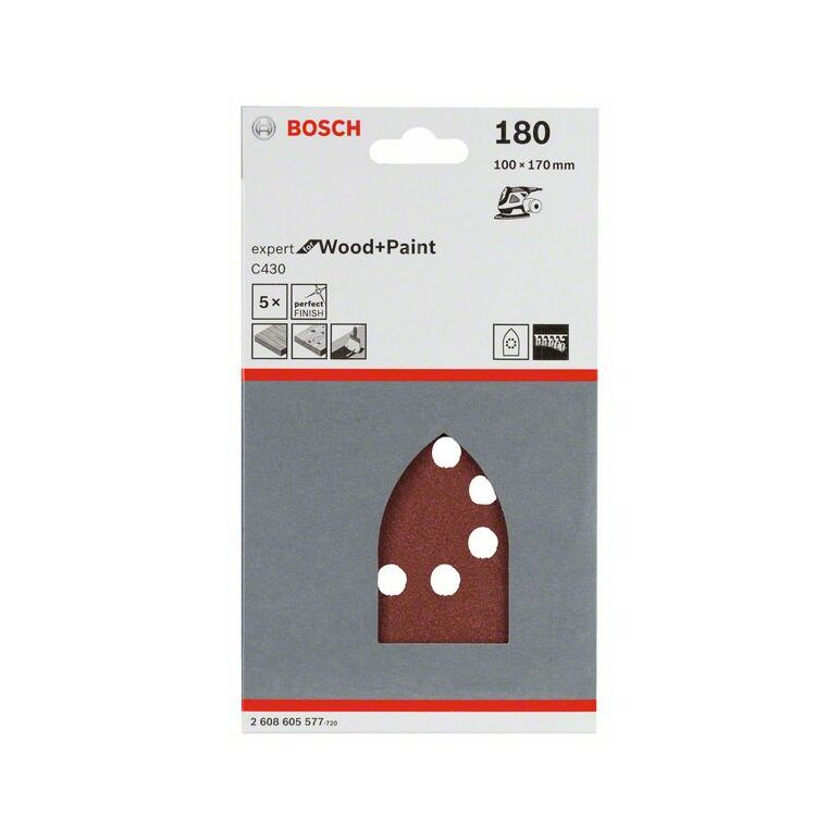 Bosch Schleifblatt C430, 100 x 170 mm, 180, 8 Löcher, Klett, 5er-Pack (2 608 605 577), image 