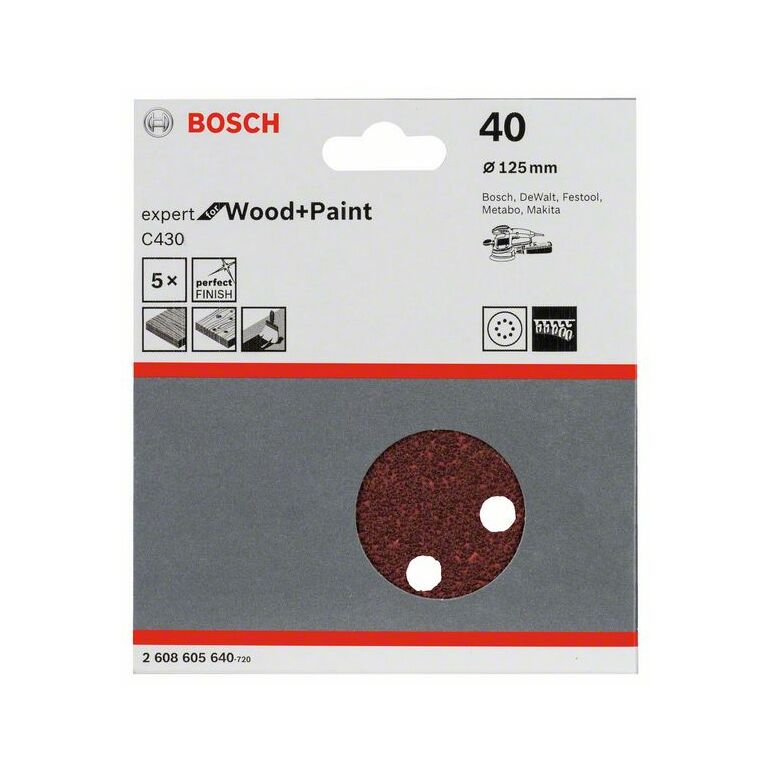 Bosch Schleifblatt C430, 125 mm, 40, 8 Löcher, Klett, 5er-Pack (2 608 605 640), image 