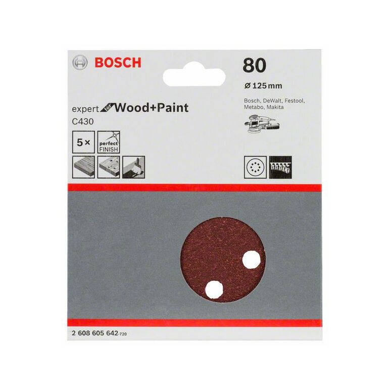 Bosch Schleifblatt C430, 125 mm, 80, 8 Löcher, Klett, 5er-Pack (2 608 605 642), image 