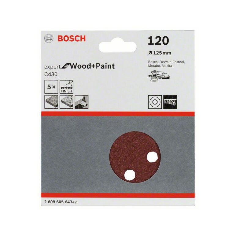 Bosch Schleifblatt C430, 125 mm, 120, 8 Löcher, Klett, 5er-Pack (2 608 605 643), image 