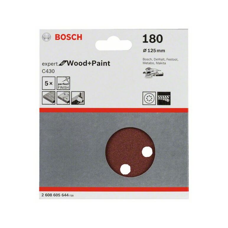 Bosch Schleifblatt C430, 125 mm, 180, 8 Löcher, Klett, 5er-Pack (2 608 605 644), image 