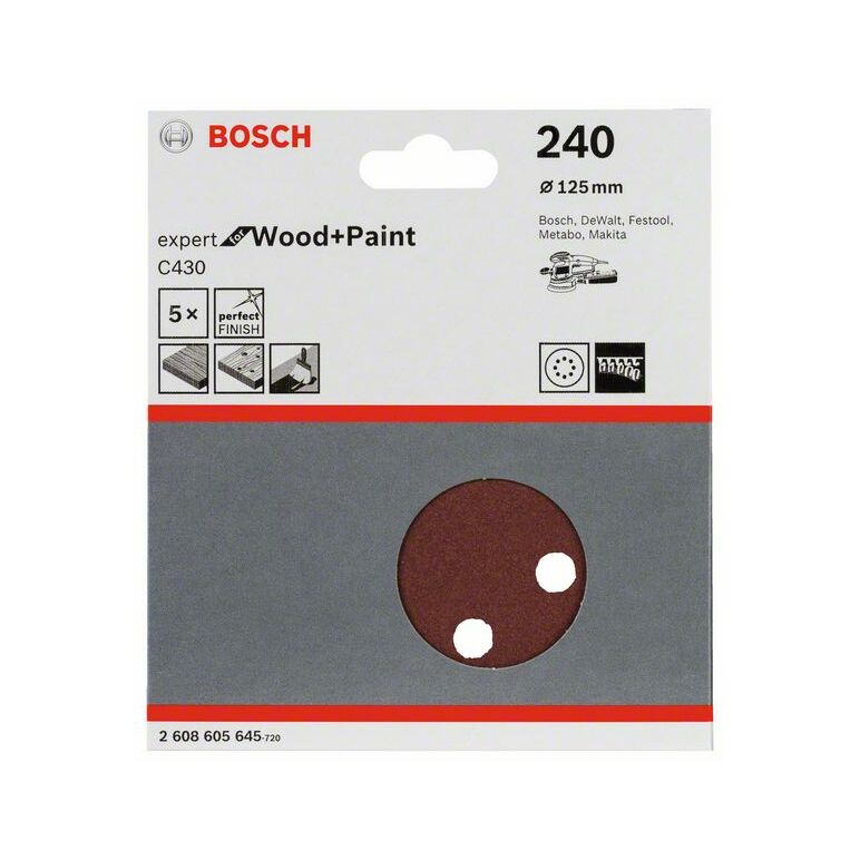 Bosch Schleifblatt C430, 125 mm, 240, 8 Löcher, Klett, 5er-Pack (2 608 605 645), image _ab__is.image_number.default