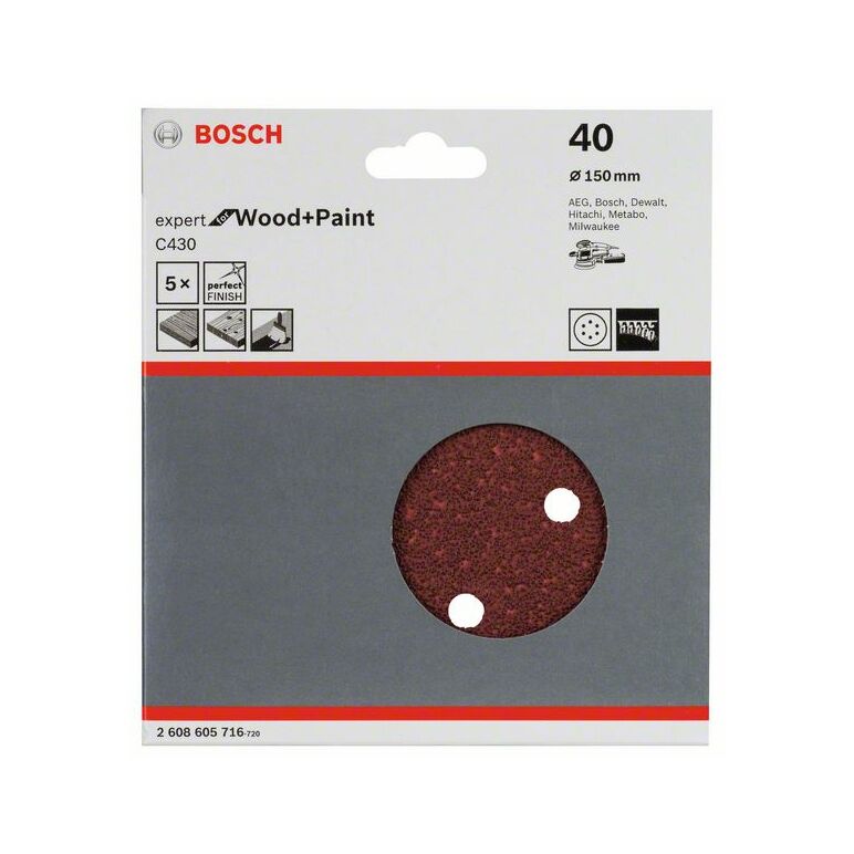 Bosch Schleifblatt C430, 150 mm, 40, 6 Löcher, Klett, 5er-Pack (2 608 605 716), image 