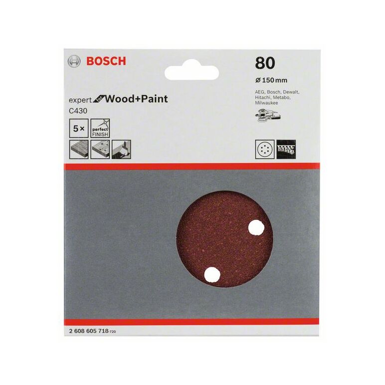 Bosch Schleifblatt C430, 150 mm, 80, 6 Löcher, Klett, 5er-Pack (2 608 605 718), image 