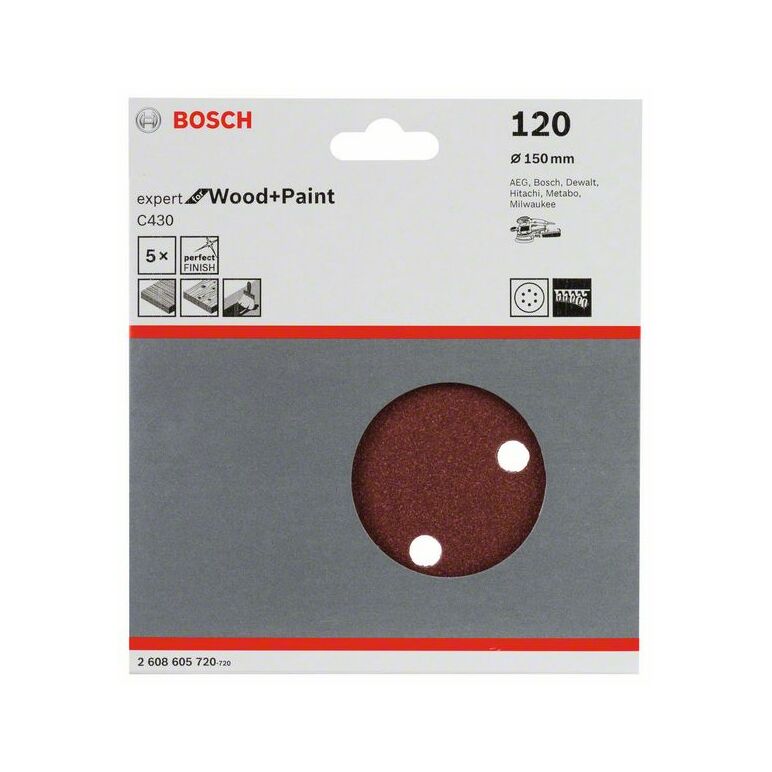 Bosch Schleifblatt C430, 150 mm, 120, 6 Löcher, Klett, 5er-Pack (2 608 605 720), image 